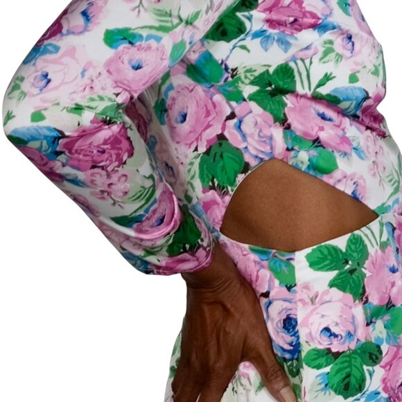 Wayf Pink Floral Print on White Satin Long Sleeve Dress with Side Cut Outs - NWT - Picture 8 of 12